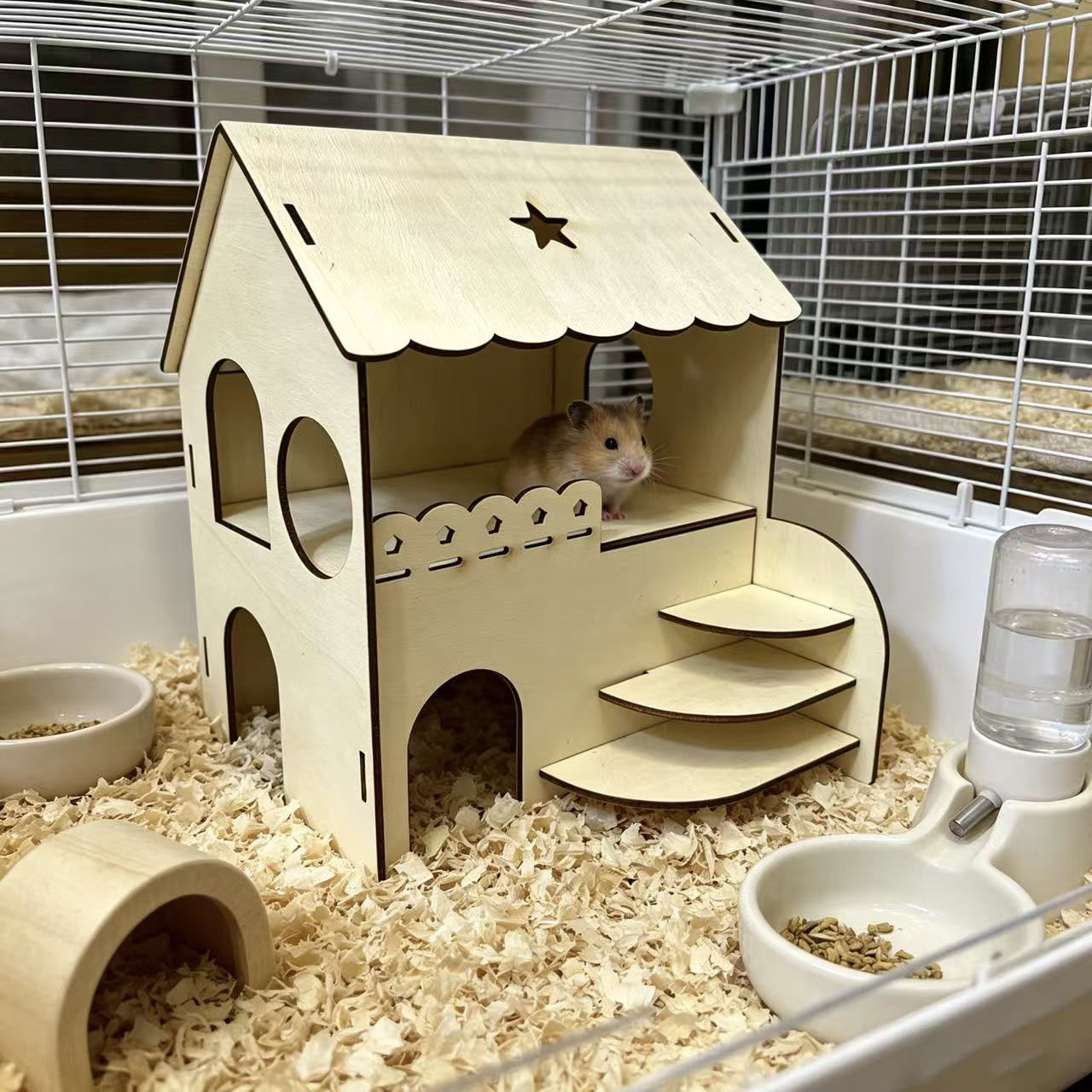 Insect Hotel Wood - Hamster İki Katlı Ahşap Ev Merdivenli,